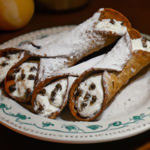 A plate of freshly-made cannoli with chocolate chips and a sprinkle of powdered sugar