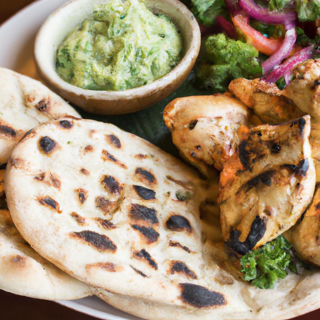 A platter of grilled chicken with a side of vegetables and grilled naan bread