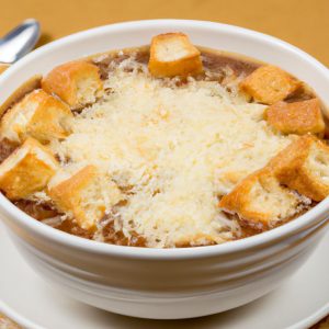 A large bowl of homemade French Onion Soup garnished with cheese and croutons.