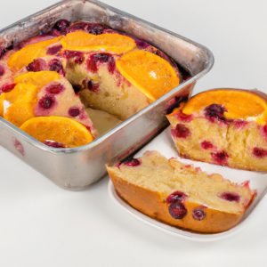 A 9-inch springform pan filled with freshly made cranberry and orange cake with a slice taken out of it.