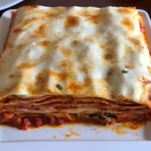 A delicious lasagna with layers of pasta, creamy ricotta, and delicious tomato sauce.