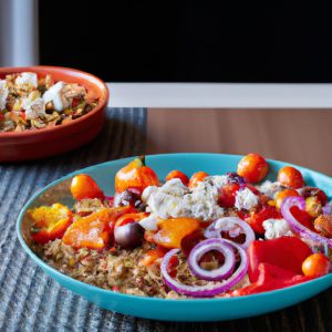 A plate with a colorful quinoa bowl, topped with roasted peppers, tomatoes, and onions, with a bowl of feta cheese and olives on the side.