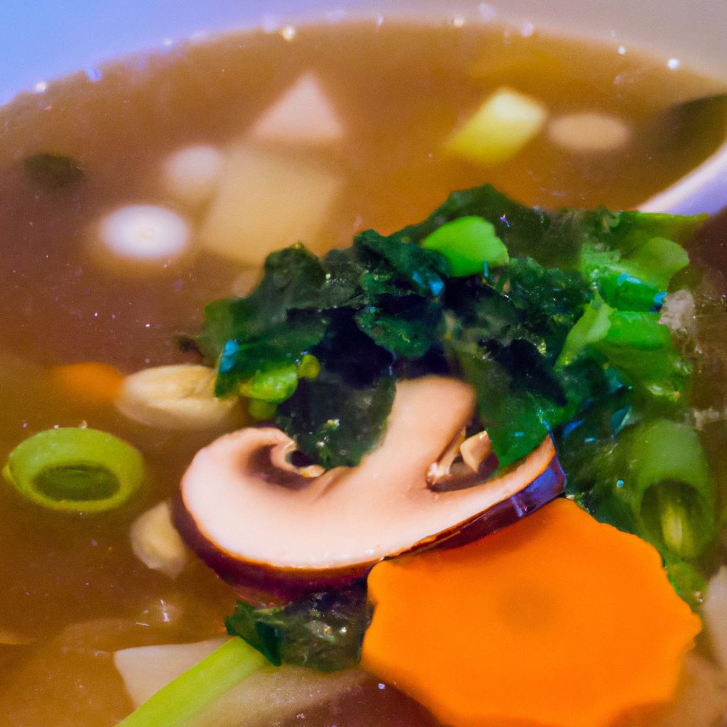 A bowl of Japanese Miso Soup with an array of colorful vegetables and seaweed floating in a steaming broth.