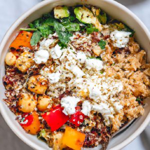 A colorful quinoa bowl filled with roasted vegetables, topped with fresh herbs and feta cheese.