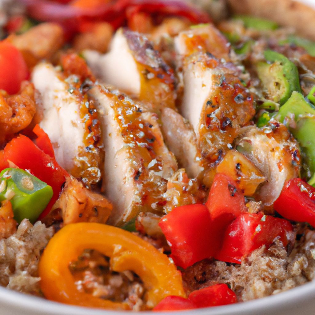 A close-up of a freshly made Mexican chicken fajita quinoa bowl with colorful vegetables and spices sprinkled over the top.