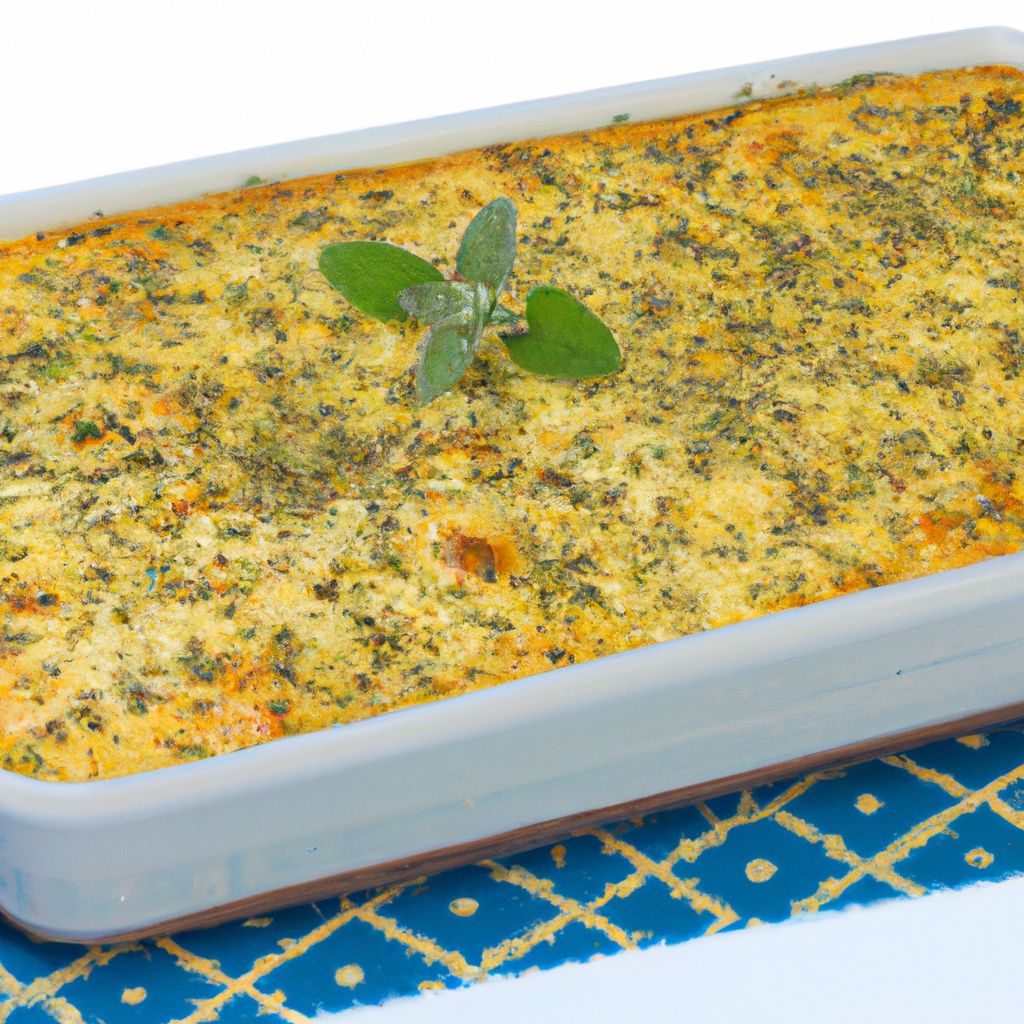 A 9x13 baking dish filled with a delicious egg bake. The dish is lightly browned on top and has a sprinkle of herbs on top.