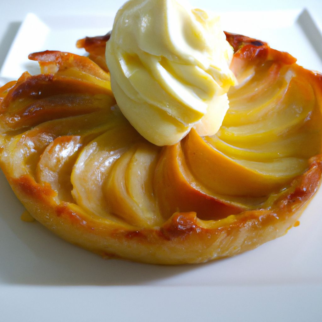 A beautifully made French apple tart with a golden crust and sweet apple slices with a dollop of vanilla custard on top.