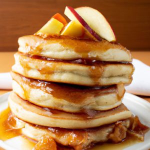 A stack of three warm and fluffy pancakes topped with caramel sauce and diced apples.