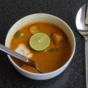 A bowl of Indian potato curry with a spoon in the center and a lime wedge on the side.