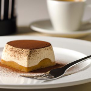 Image of Italian no-bake Tiramisu Cheesecake on a white plate with a silver fork and a mug of coffee in the background