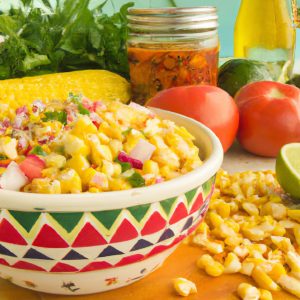 A bowl of Mexican Street Corn Salad with ingredients in the background.