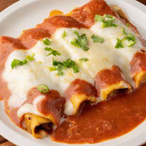 A plate of freshly-made Mexican breakfast enchiladas with melted cheese and salsa on top