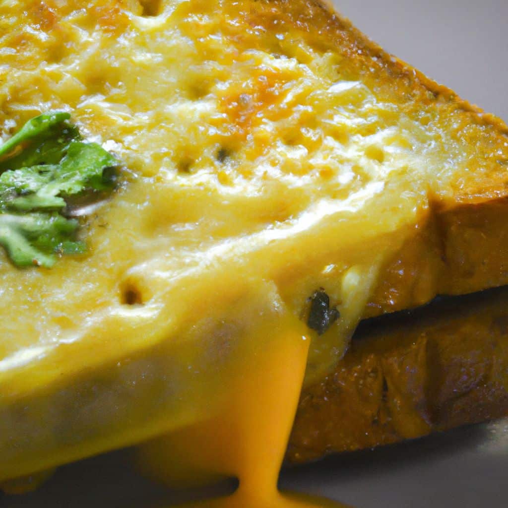 A close-up of a grilled cheese sandwich with melted cheese oozing out of the sides and topped with a few herbs.