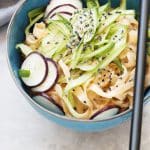 A bowl of cold Sesame Noodle Salad with crunchy vegetables, herbs and a light sesame sauce.
