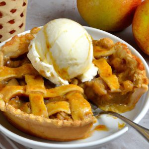 A golden, bubbling slow cooker caramel apple pie with a lattice top crust and a scoop of ice cream