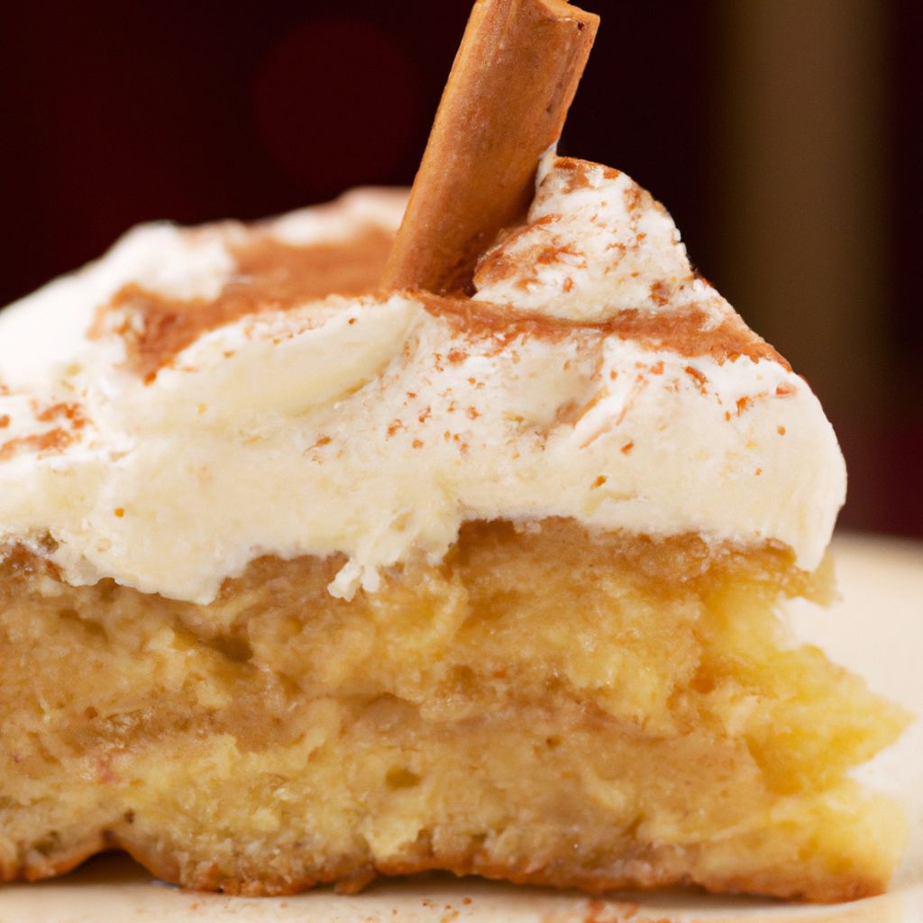A close-up of a slice of Mexican Tres Leches Cake with a dollop of whipped cream and a sprinkle of cinnamon on top.