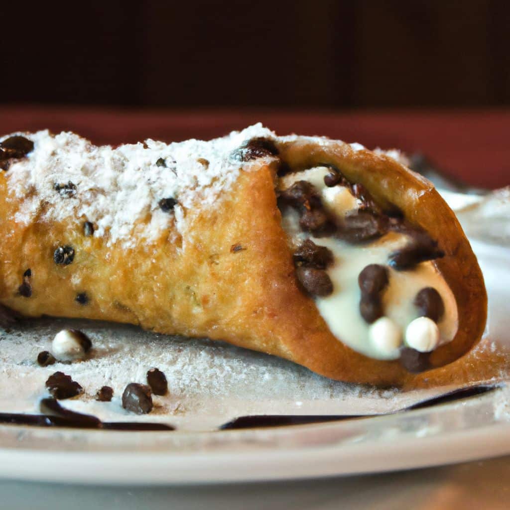 A Cannoli with chocolate chips, a dusting of powdered sugar, and a drizzle of chocolate sauce.